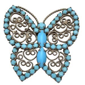 Blue Opaque Vintage Rhinestone Butterfly Brooch, Open Scroll Design Pin C692